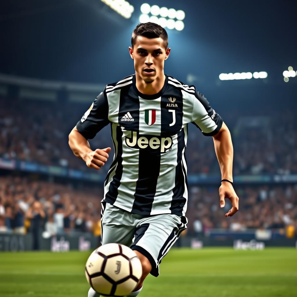 A high-energy portrait of Cristiano Ronaldo, capturing him in mid-action as he dribbles a football down the field