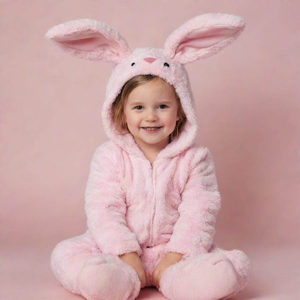 A young girl cheerfully dressed in a fluffy, pink bunny costume, complete with floppy ears and a cute cotton tail.