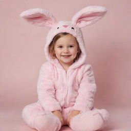 A young girl cheerfully dressed in a fluffy, pink bunny costume, complete with floppy ears and a cute cotton tail.