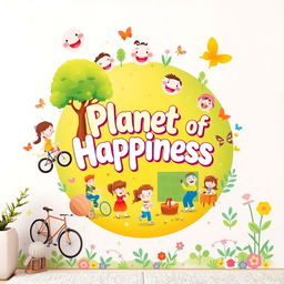 A vibrant and colorful family-themed wall poster titled "Planet of Happiness