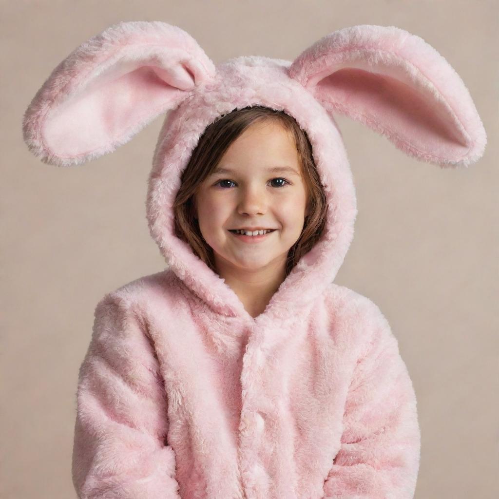 A young girl cheerfully dressed in a fluffy, pink bunny costume, complete with floppy ears and a cute cotton tail.