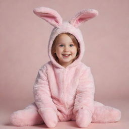 A young girl cheerfully dressed in a fluffy, pink bunny costume, complete with floppy ears and a cute cotton tail.