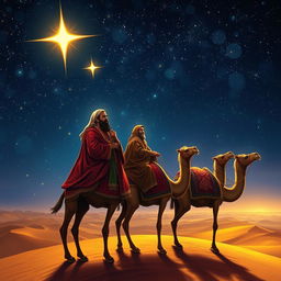 The Three Wise Men (Magi) journeying through a starry night sky on their camels, with Balthazar, the African king, gazing thoughtfully