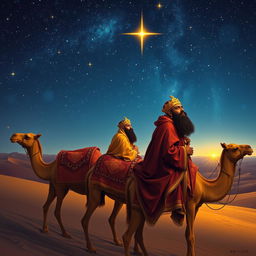 The Three Wise Men (Magi) journeying through a starry night sky on their camels, with Balthazar, the African king, gazing thoughtfully