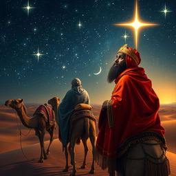 The Three Wise Men (Magi) journeying through a starry night sky on their camels, with Balthazar, the African king, gazing thoughtfully