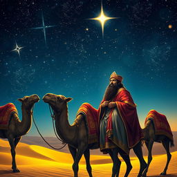 The Three Wise Men (Magi) journeying through a starry night sky on their camels, with Balthazar, the African king, gazing thoughtfully