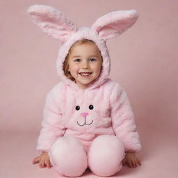 A young girl cheerfully dressed in a fluffy, pink bunny costume, complete with floppy ears and a cute cotton tail.