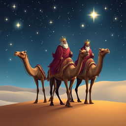 Three wise men from the East riding camels through a starry night sky, wearing traditional robes and crowns, illuminated by twinkling stars