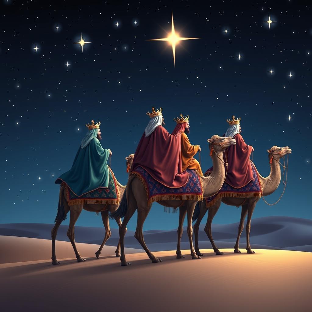 Three wise men from the East riding camels through a starry night sky, wearing traditional robes and crowns, illuminated by twinkling stars