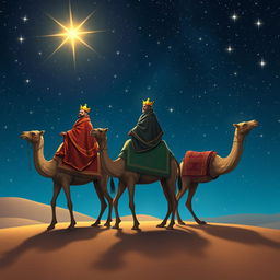 Three wise men from the East riding camels through a starry night sky, wearing traditional robes and crowns, illuminated by twinkling stars