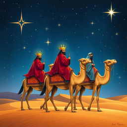 Three wise men from the East riding camels through a starry night sky, wearing traditional robes and crowns, illuminated by twinkling stars