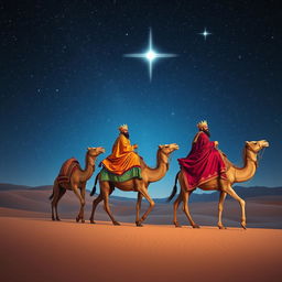 The three wise men from the East journeying on their camels under a breathtaking starry night sky, adorned in rich, traditional garments and crowns