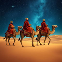 The three wise men from the East journeying on their camels under a breathtaking starry night sky, adorned in rich, traditional garments and crowns