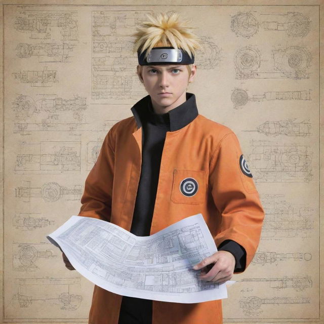 Naruto Uzumaki dressed in professional engineering attire, holding a blueprint and surrounded by mechanical tools.