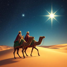 The three wise men from the East journeying on their camels under a breathtaking starry night sky, adorned in rich, traditional garments and crowns