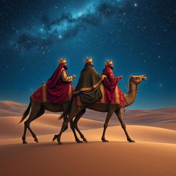 The three wise men from the East journeying on their camels under a breathtaking starry night sky, adorned in rich, traditional garments and crowns