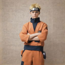 Naruto Uzumaki dressed in professional engineering attire, holding a blueprint and surrounded by mechanical tools.