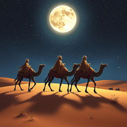 The Three Wise Men of the East (Magi) journeying on their camels across a sandy desert at night, under a captivating starry sky filled with twinkling stars and a bright, glowing moon