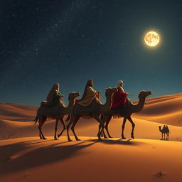 The Three Wise Men of the East (Magi) journeying on their camels across a sandy desert at night, under a captivating starry sky filled with twinkling stars and a bright, glowing moon