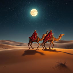 The Three Wise Men of the East (Magi) journeying on their camels across a sandy desert at night, under a captivating starry sky filled with twinkling stars and a bright, glowing moon