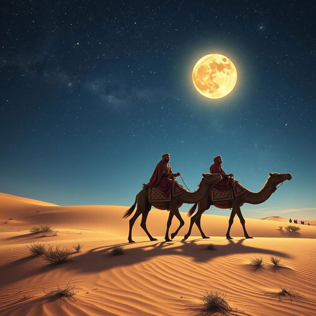 The Three Wise Men of the East (Magi) journeying on their camels across a sandy desert at night, under a captivating starry sky filled with twinkling stars and a bright, glowing moon