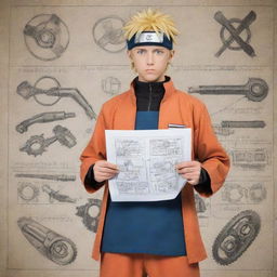 Naruto Uzumaki dressed in professional engineering attire, holding a blueprint and surrounded by mechanical tools.