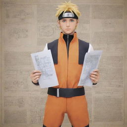 Naruto Uzumaki dressed in professional engineering attire, holding a blueprint and surrounded by mechanical tools.