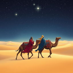 The three wise men from the East journeying on their camels across a vast desert under a mesmerizing starry sky