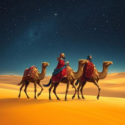 The three wise men from the East journeying on their camels across a vast desert under a mesmerizing starry sky