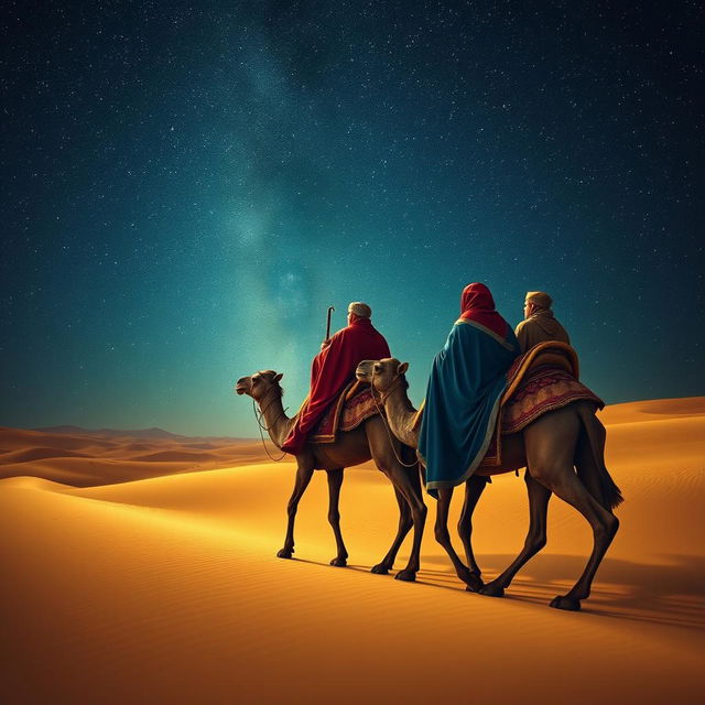 The three wise men from the East journeying on their camels across a vast desert under a mesmerizing starry sky