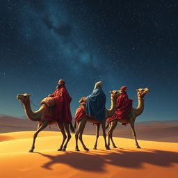 The three wise men from the East journeying on their camels across a vast desert under a mesmerizing starry sky