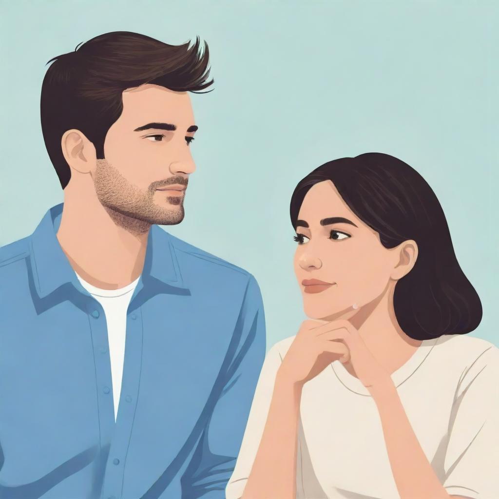 Illustration of two individuals engaged in a thoughtful and effective communication. They're relaxed, leaning forward slightly, maintaining eye contact, and using appropriate hand gestures.