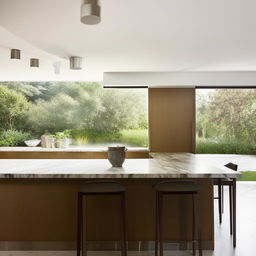 A well-lit modern kitchen with sleek kitchen appliances, a marble countertop, bar stools at the island, and a large window overlooking a garden.