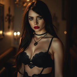 A goth-inspired young woman with pale skin and a long face, exuding an alluring vibe in sexy revealing black lingerie