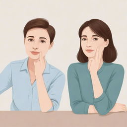 Illustration of two individuals engaged in a thoughtful and effective communication. They're relaxed, leaning forward slightly, maintaining eye contact, and using appropriate hand gestures.