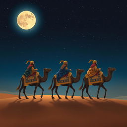 The three wise men from the East traveling on their camels in the distance under a starry sky