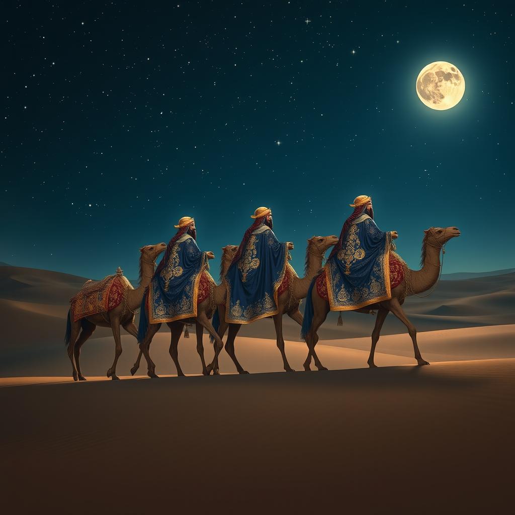 The three wise men from the East traveling on their camels in the distance under a starry sky