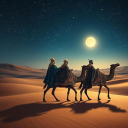 The three wise men from the East traveling on their camels in the distance under a starry sky