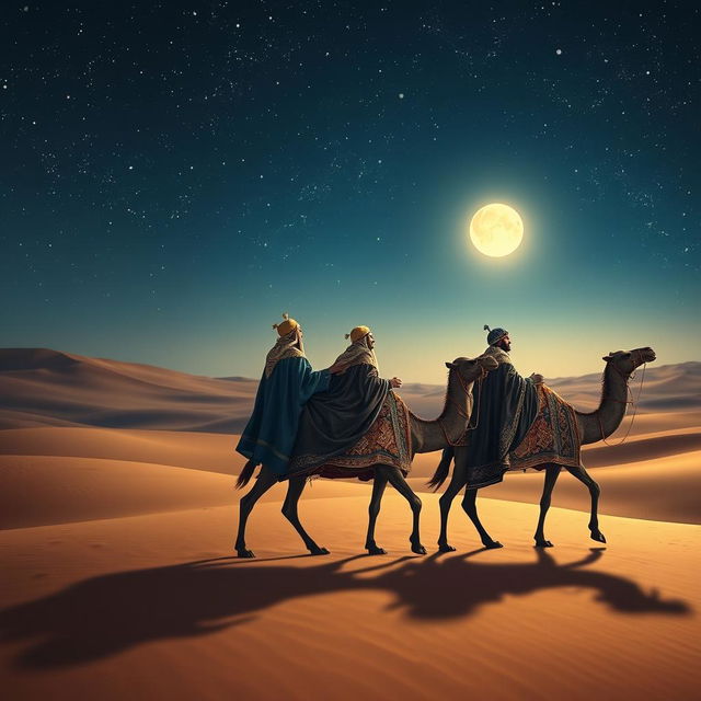 The three wise men from the East traveling on their camels in the distance under a starry sky