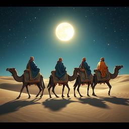 The three wise men from the East traveling on their camels in the distance under a starry sky