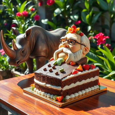 A luxurious, intricately designed cake shaped like Fidel Castro, featuring rich chocolate and vanilla layers, adorned with tropical fruits and colorful icing