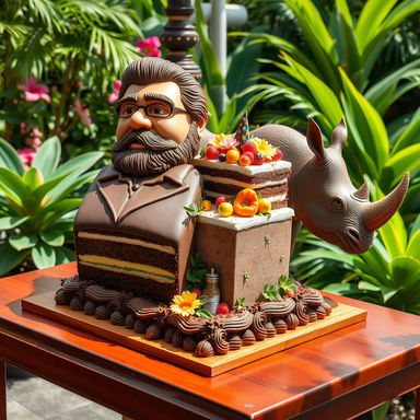 A luxurious, intricately designed cake shaped like Fidel Castro, featuring rich chocolate and vanilla layers, adorned with tropical fruits and colorful icing