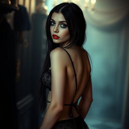 A goth-inspired young woman with pale skin and a long face, exuding a seductive aura while clad in revealing black lingerie that highlights her figure