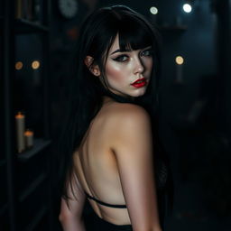 A goth-inspired young woman with pale skin and a long face, exuding a seductive aura while clad in revealing black lingerie that highlights her figure