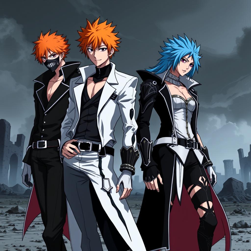 Ichigo Kurosaki as an Arrancar, featuring his distinct orange hair and a mask fragment, wearing a sleek, stylish Arrancar outfit that combines elements of his Soul Reaper uniform with a twisted, dark aesthetic