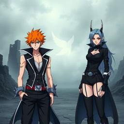 Ichigo Kurosaki as an Arrancar, featuring his distinct orange hair and a mask fragment, wearing a sleek, stylish Arrancar outfit that combines elements of his Soul Reaper uniform with a twisted, dark aesthetic