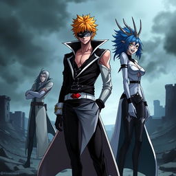 Ichigo Kurosaki as an Arrancar, featuring his distinct orange hair and a mask fragment, wearing a sleek, stylish Arrancar outfit that combines elements of his Soul Reaper uniform with a twisted, dark aesthetic