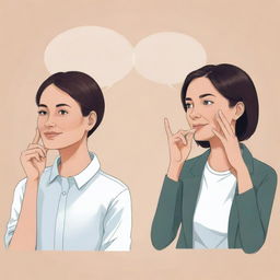 Illustration of two individuals engaged in a thoughtful and effective communication. They're relaxed, leaning forward slightly, maintaining eye contact, and using appropriate hand gestures.