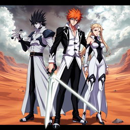 A dynamic scene featuring Ichigo Kurosaki in his Arrancar form, with his characteristic white and black attire, showcasing a fierce yet determined expression