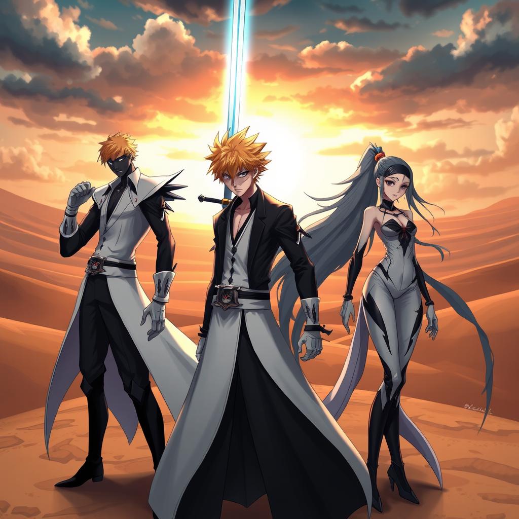 A dynamic scene featuring Ichigo Kurosaki in his Arrancar form, with his characteristic white and black attire, showcasing a fierce yet determined expression